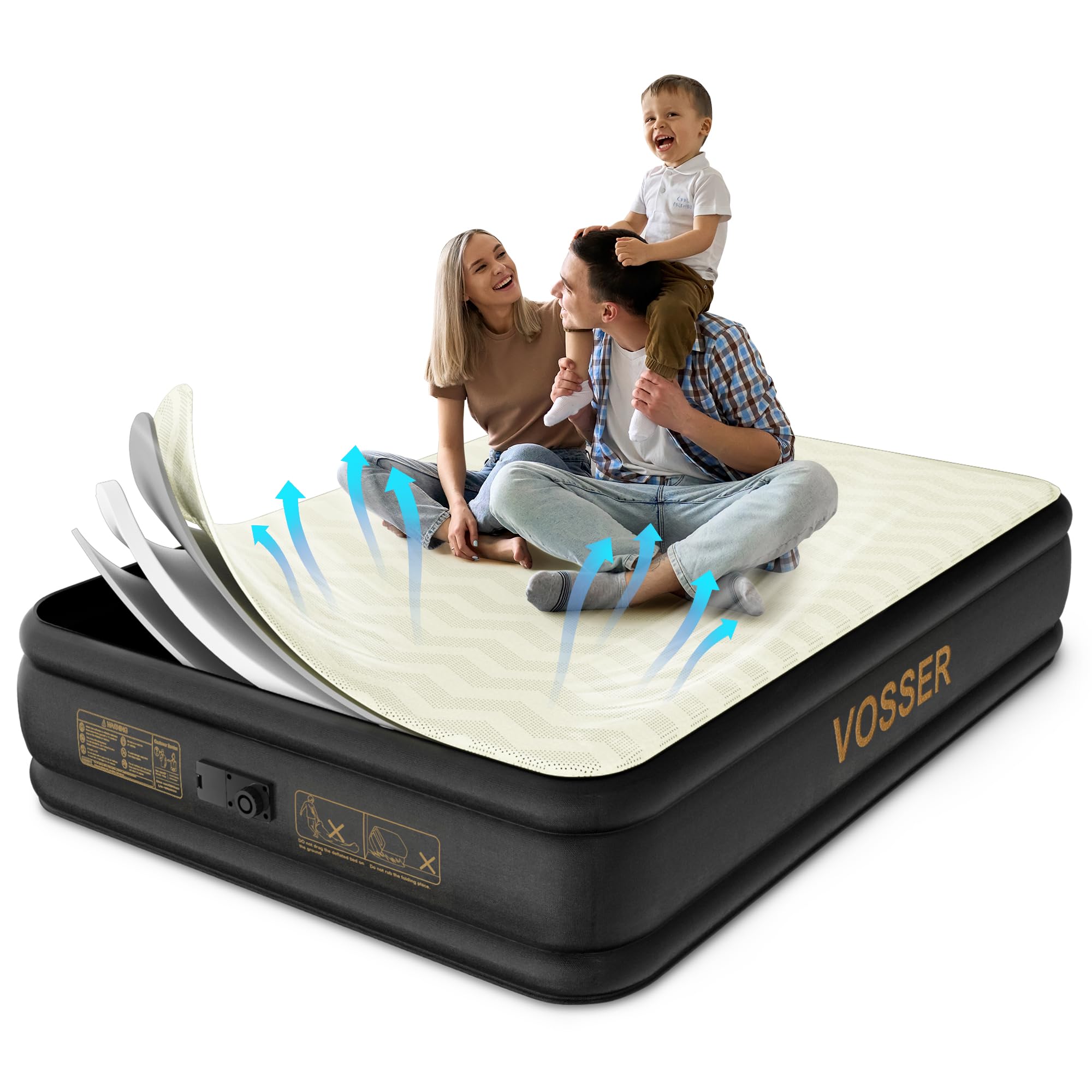 Vosser Queen Air Mattress With Built-In Pump,Foam Topper Inflatable Mattress,Luxury Blow Up Mattress 2 Mins Self-Inflation/Defla